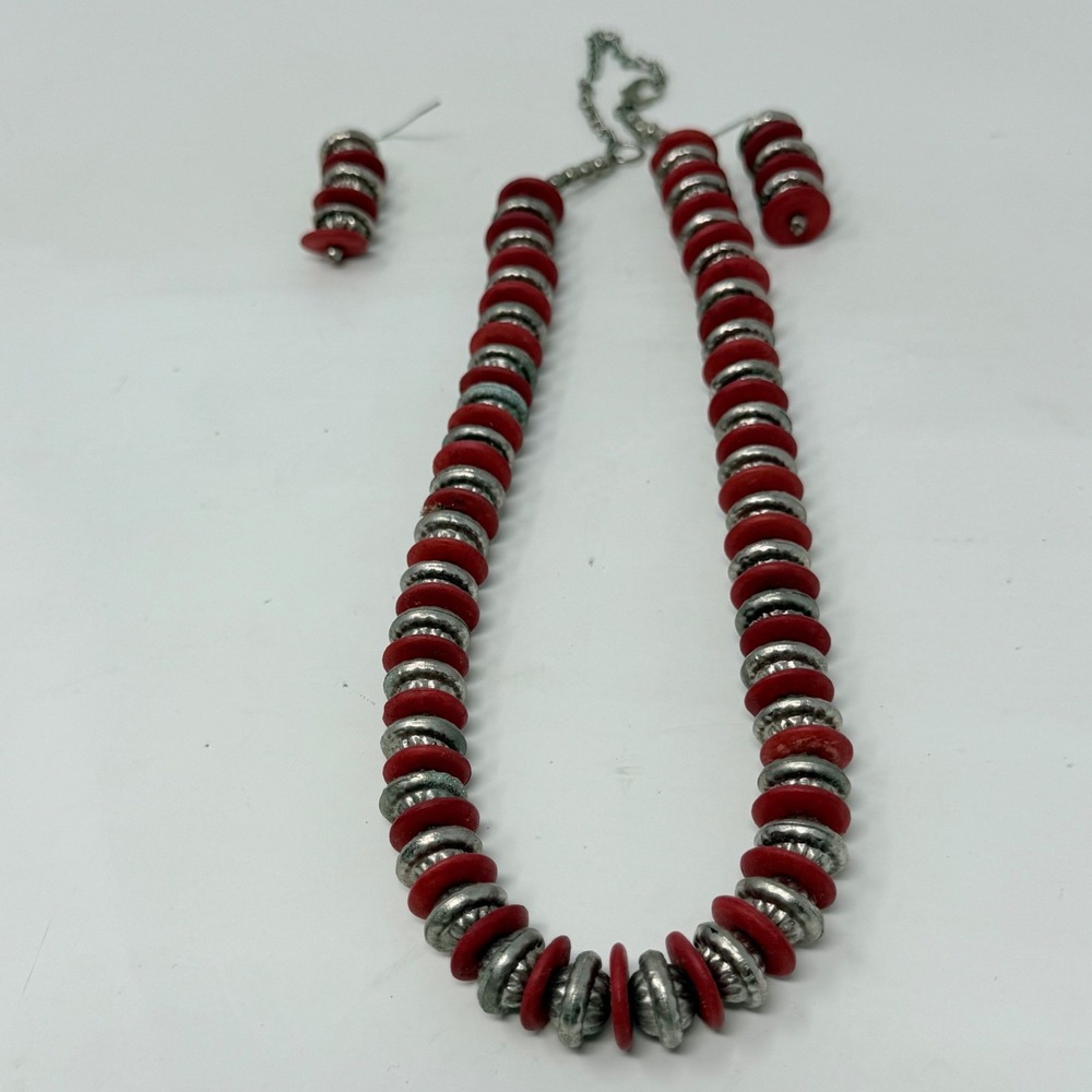 Red and Silver Tone Beaded Necklace and Earring Set Eclectic Boho Jewelry